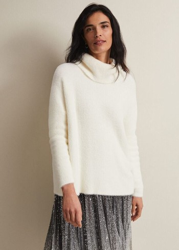 Phase Eight Natalia Fluffy Roll Neck Knitwear White Australia | NC8497201